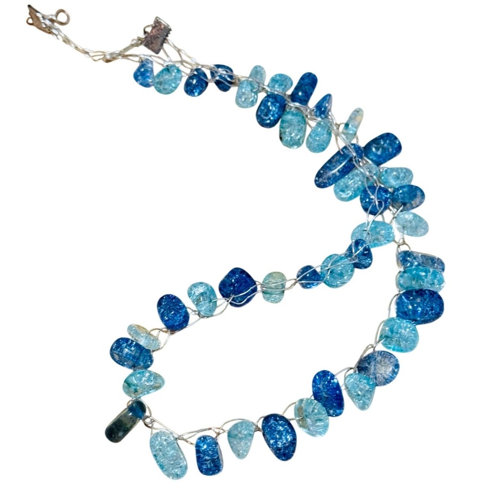 teal Blue Necklace Art Glass Floating wired‎ silver tone Collar VTG 90s Y2K 20"